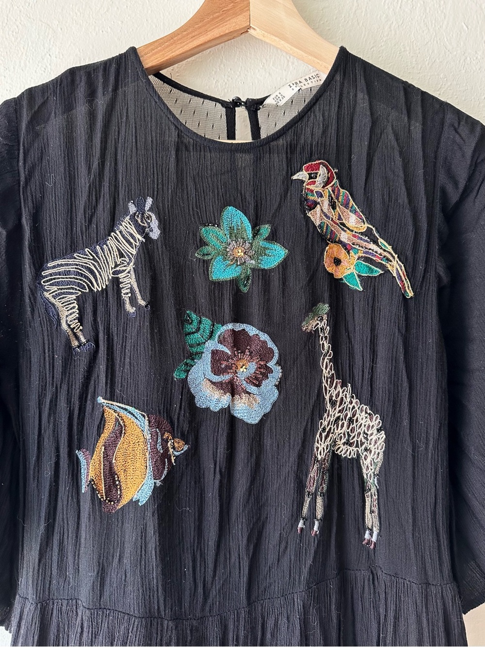 Zara basic 2016 animal embroidered black maxi dress oversized small sheer back - Picture 6 of 11